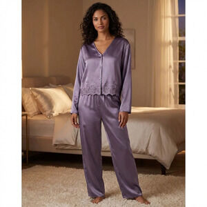 VICTORIA'S SECRET Pajama Set Satin Mauve Purple Vtg Gold Label Rare! L